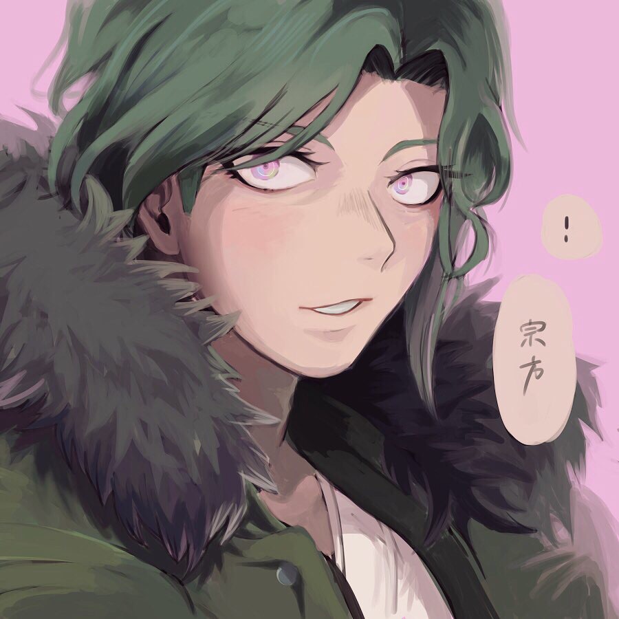 !, 1boy, bangs, blue_background, brown_hair, brown_jacket, danganronpa_(series), danganronpa_3_(anime)