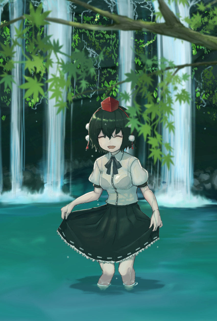 1girl, :d, autumn_leaves, black_hair, black_ribbon, black_skirt, bouhuman, breasts