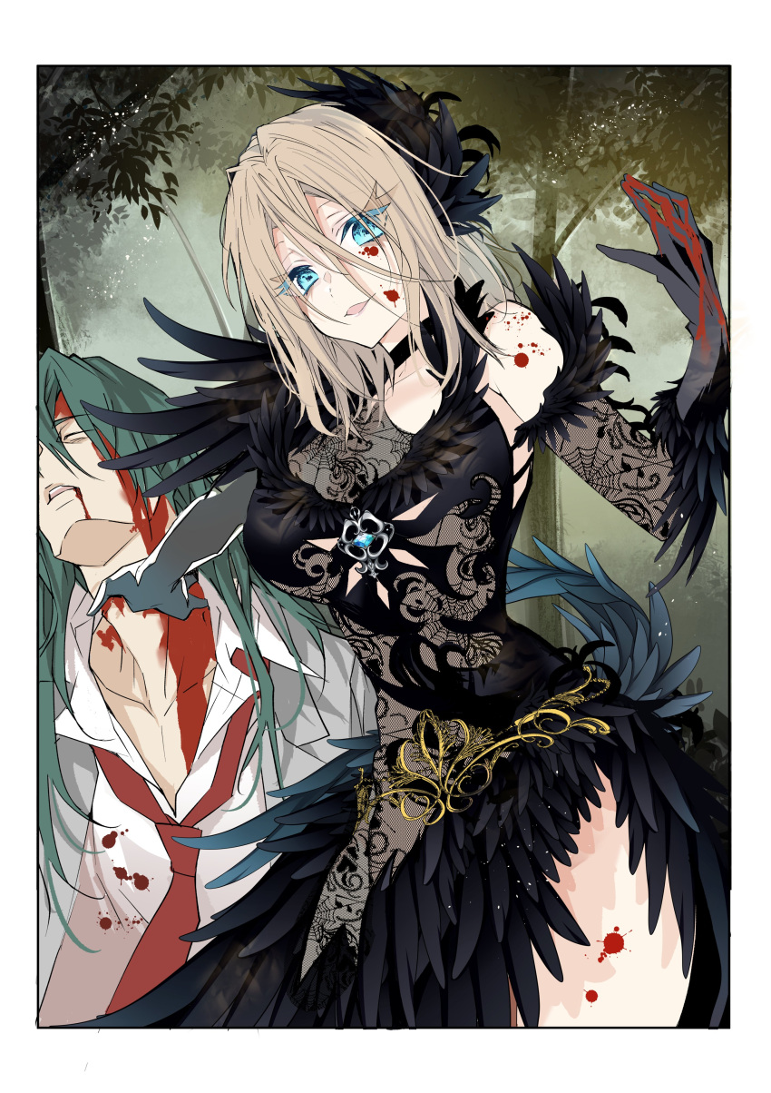 1boy, 1girl, absurdres, black_dress, black_gloves, black_hair, blazer, blood