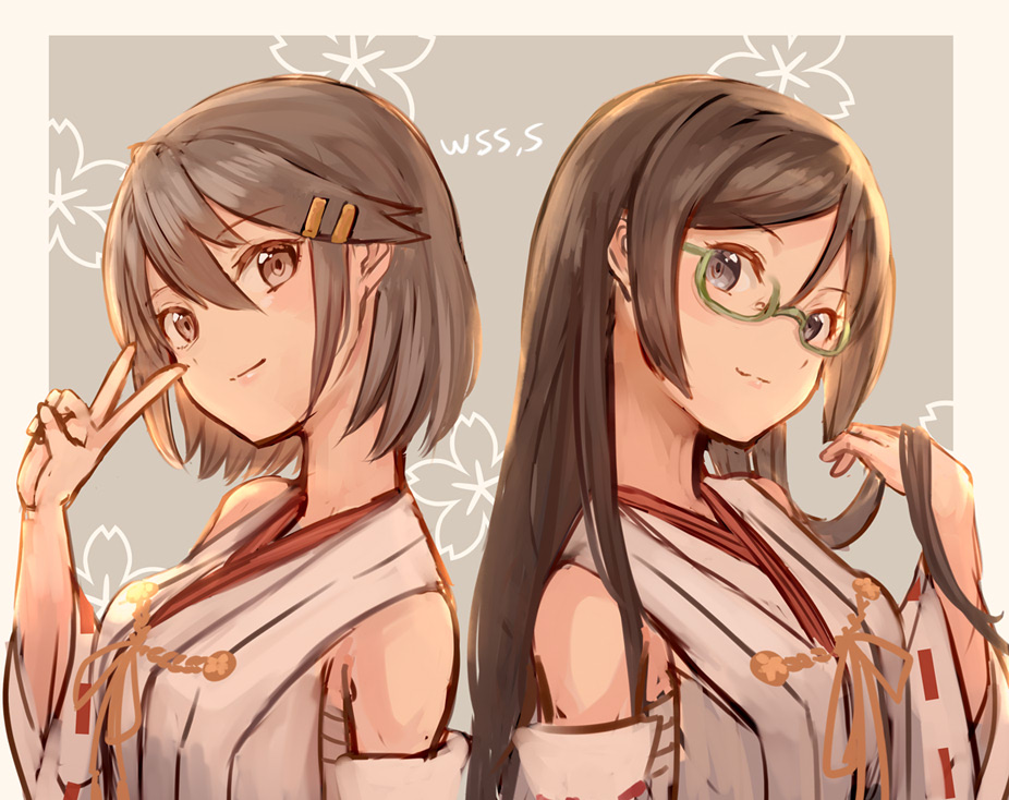 2girls, alternate_hair_length, alternate_hairstyle, black_hair, brown_eyes, commentary_request, detached_sleeves, green-framed_eyewear, hair_length_switch, hair_ornament, hairclip, haruna_(kancolle), kantai_collection, kirishima_(kancolle), long_hair, looking_at_viewer, multiple_girls, ribbon-trimmed_sleeves, ribbon_trim, short_hair, upper_body, v, wss_(nicoseiga19993411)