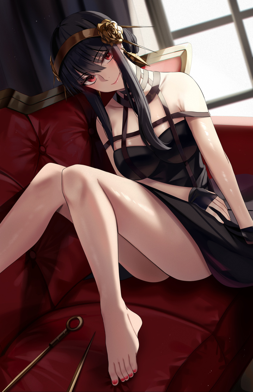 1girl, bangs, bare_legs, bare_shoulders, barefoot, black_dress, black_gloves, black_hair, blush, breasts, closed_mouth, commentary, couch, curtains, dagger, dress, earrings, english_commentary, eyebrows_visible_through_hair, fingerless_gloves, foot_out_of_frame, gloves, gold_hairband, hair_bun, head_tilt, highres, indoors, jewelry, knees_up, knife, large_breasts, long_hair, looking_at_viewer, medium_hair, nail_polish, nicky_w, on_couch, red_eyes, red_nails, sidelocks, sitting, sleeveless, sleeveless_dress, smile, solo, spy_x_family, thighs, toes, weapon, window, yor_briar