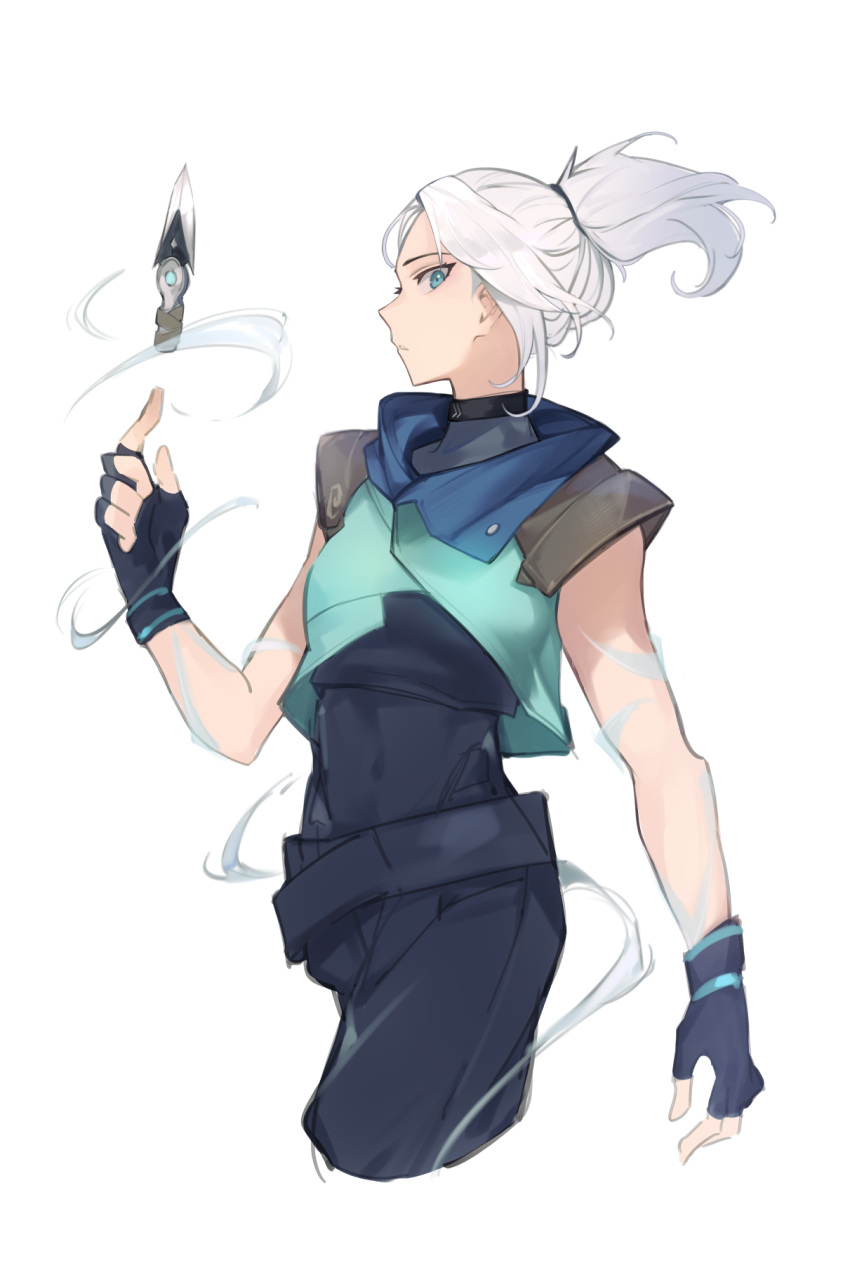 1girl, belt, black_belt, black_bodysuit, black_gloves, blue_eyes, blue_jacket, bodysuit
