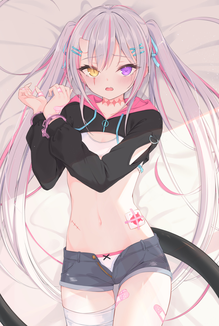 1girl, absurdres, bandaid, bandaid_on_hand, bandaid_on_stomach, bangs, bed_sheet, black_hoodie