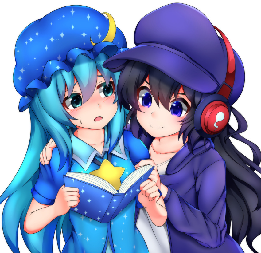 beret, black_hair, blue_eyes, blue_hair, book, chizuru_(super_ledgehop), crescent, hat, headphones, hitodama, ichika_yuuto, kredorf, long_hair, mob_cap, open_mouth, shirt, simple_background, smile, star_(symbol), super_ledgehop:_double_laser, t-shirt, violet_eyes, white_background
