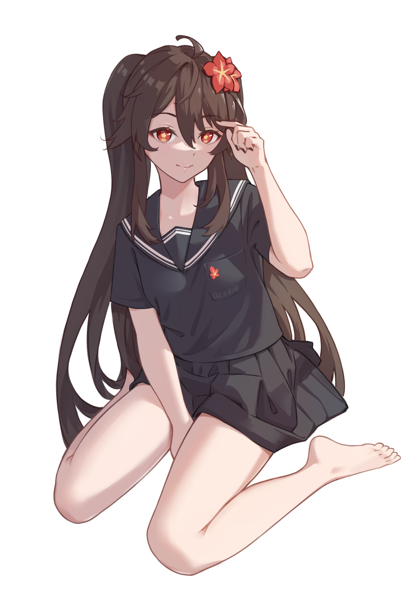 1girl, absurdres, ahoge, bare_legs, barefoot, black_nails, brown_hair, closed_mouth