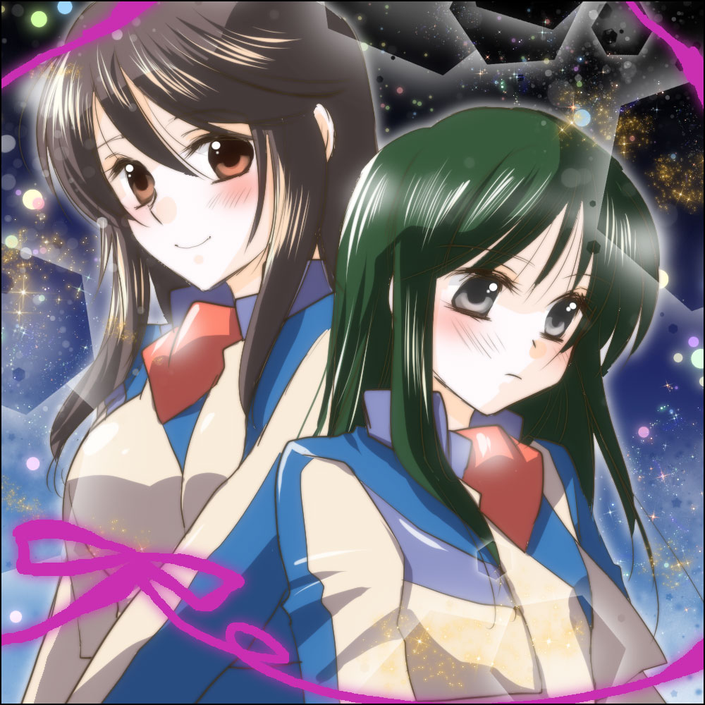 2girls, back-to-back, blush, breasts, brown_eyes, brown_hair, eyebrows_visible_through_hair, green_hair, grey_eyes, hair_between_eyes, long_hair, long_sleeves, minashiro_orihime, multiple_girls, ribbon, rinoritama, sidelocks, smile, soukyuu_no_fafner, tatekami_seri, uniform, upper_body