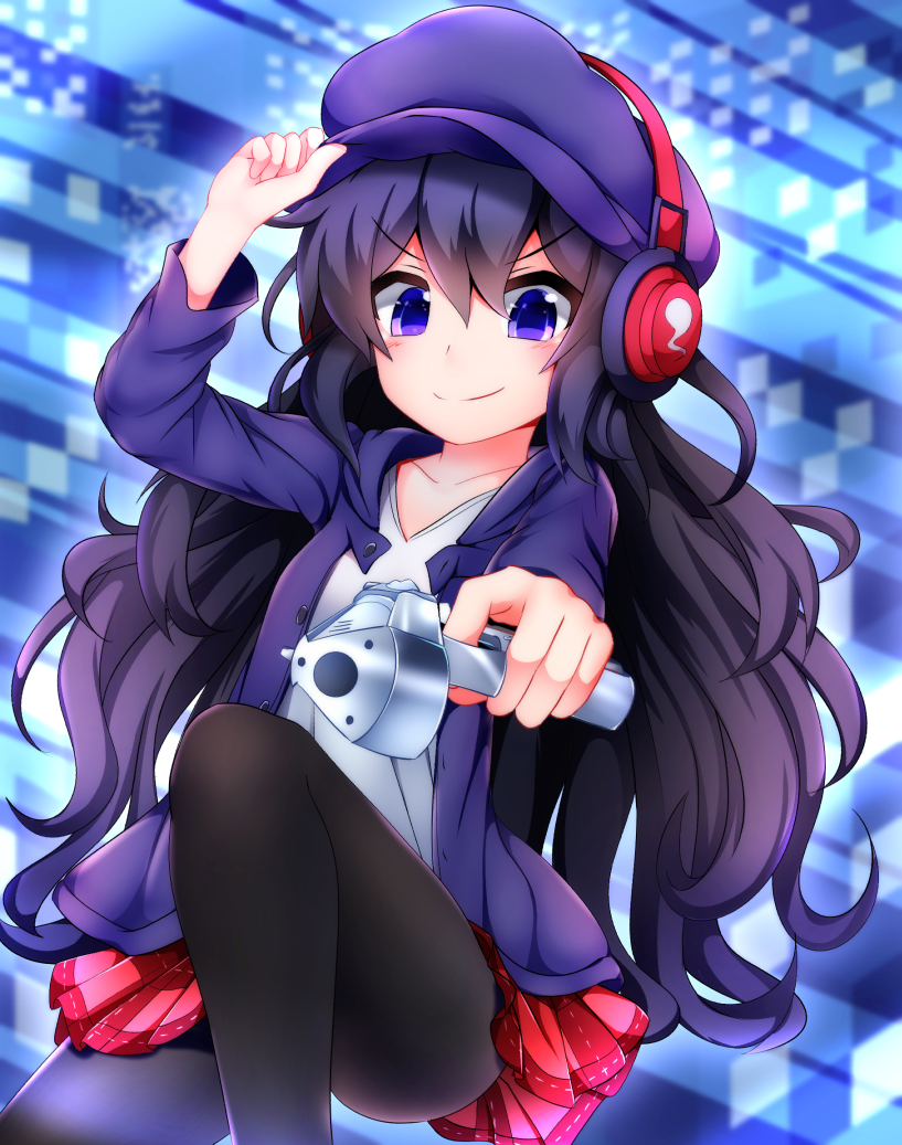 1girl, beret, black_hair, black_legwear, chizuru_(super_ledgehop), gun, hat, headphones, hitodama, kredorf, long_hair, looking_at_viewer, pantyhose, red_skirt, shirt, skirt, smile, solo, super_ledgehop:_double_laser, t-shirt, violet_eyes, weapon