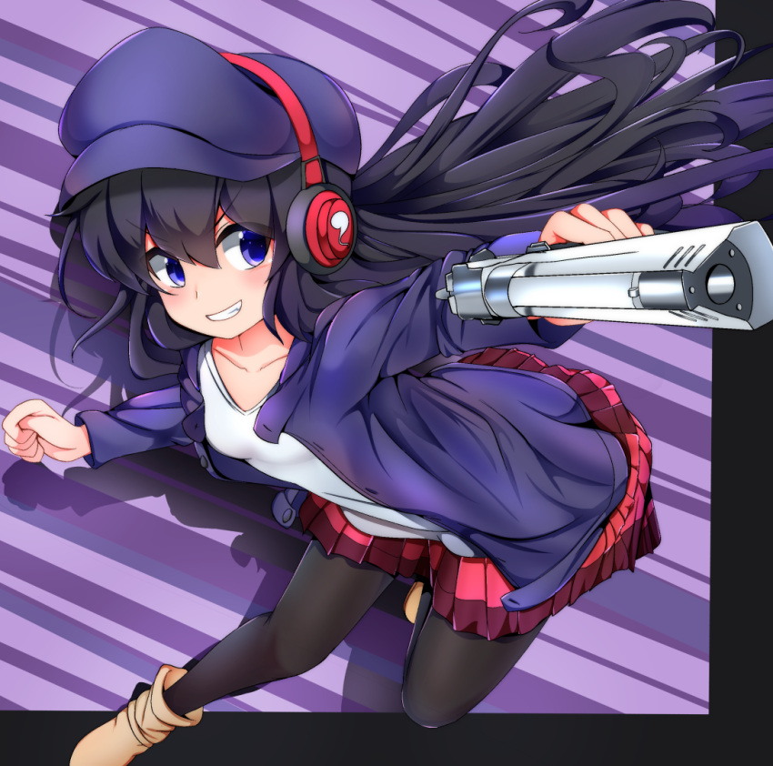 1girl, beret, black_hair, black_legwear, chizuru_(super_ledgehop), gun, hat, headphones, hitodama, kredorf, long_hair, pantyhose, red_skirt, shirt, simple_background, skirt, smile, solo, super_ledgehop:_double_laser, t-shirt, teeth, violet_eyes, weapon