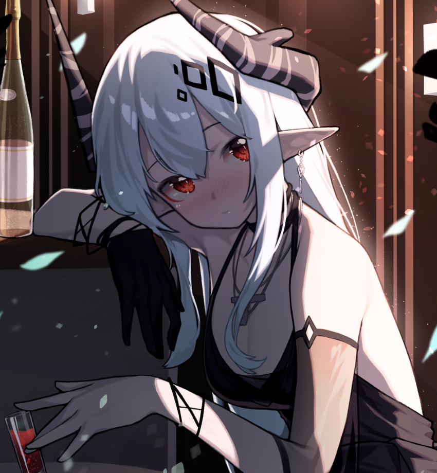 1girl, arknights, beudelb, black_gloves, blush, cross, cross_necklace, cup, demon_horns, ear_piercing, gloves, hair_between_eyes, hair_ornament, highres, horns, jewelry, looking_at_viewer, mudrock_(arknights), mudrock_(obsidian)_(arknights), necklace, piercing, pointy_ears, red_eyes, sidelocks, single_glove, sitting, solo, upper_body, white_hair