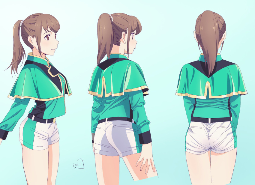 1girl, animification, ass, bangs, blue_background, breasts, brown_eyes, brown_hair