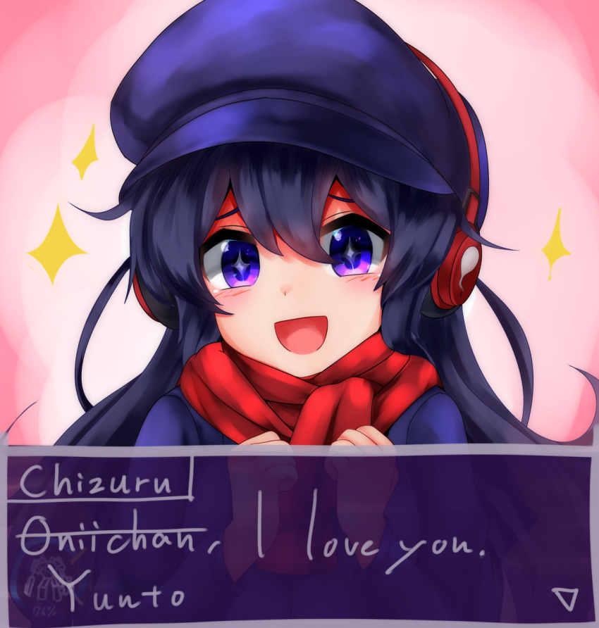 1girl, beret, black_hair, blush, chizuru_(super_ledgehop), hat, headphones, highres