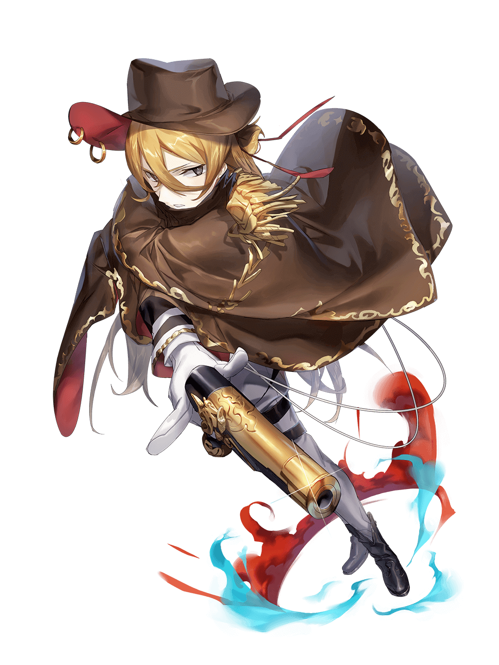 1boy, aiming, black_eyes, black_footwear, black_jacket, blonde_hair, boots, brown_cape, cape, cape_tug, collar, cowboy_hat, dutch_angle, epaulettes, food_fantasy, foreshortening, full_body, glint, gloves, gun, hair_between_eyes, hair_bun, hair_ribbon, hat, high_collar, highres, holding, holding_gun, holding_weapon, jacket, long_hair, looking_to_the_side, male_focus, official_art, pants, parted_lips, red_ribbon, ribbon, serious, smoke, solo, standing, tequila_(food_fantasy), thigh_strap, third-party_source, transparent_background, trigger_discipline, two-sided_fabric, weapon, white_gloves, white_pants