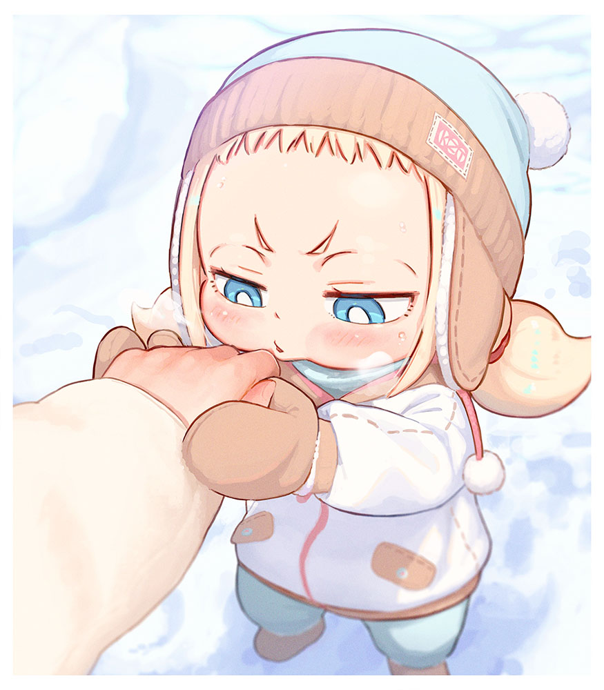 1girl, :<, beanie, blonde_hair, blowing, blue_eyes, blurry, breath, bright_pupils, child, commentary_request, depth_of_field, english_commentary, engrish_commentary, hand_grab, hat, kozato_(yu_kozato), little_blonde_girl_(kozato), mittens, mixed-language_commentary, original, pom_pom_(clothes), short_bangs, snow, twintails, white_pupils, winter