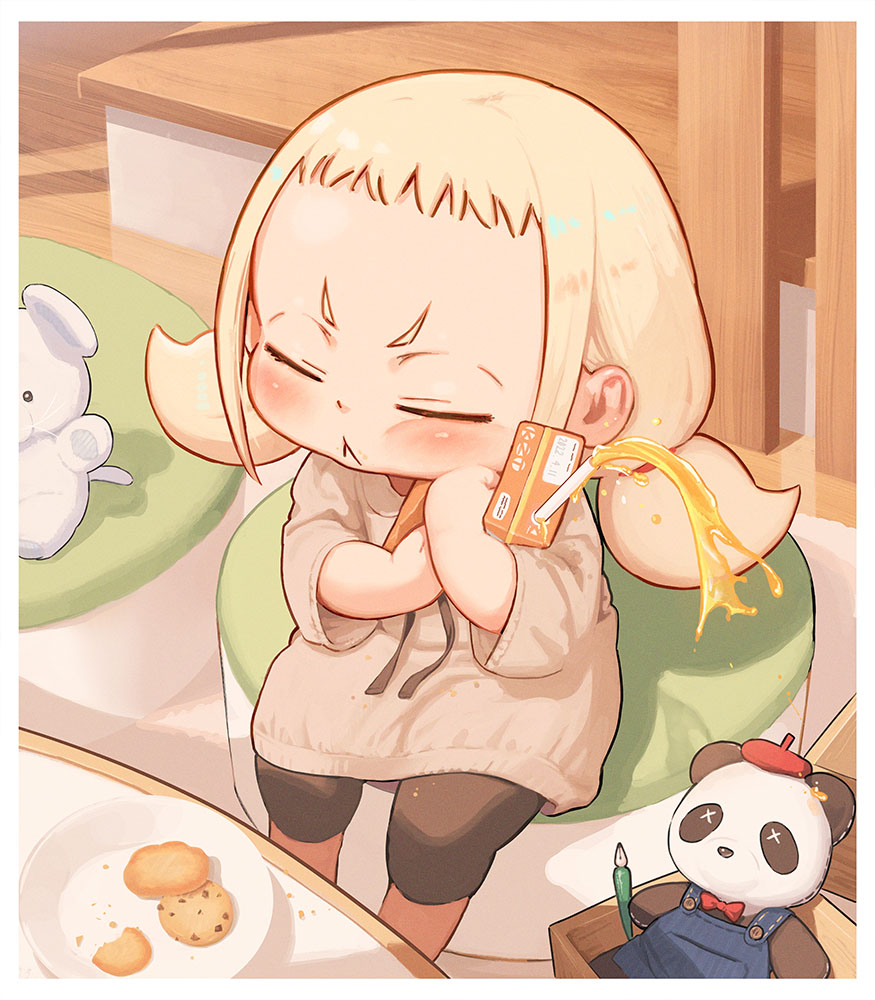 1girl, :<, blonde_hair, child, closed_eyes, commentary, cookie, food