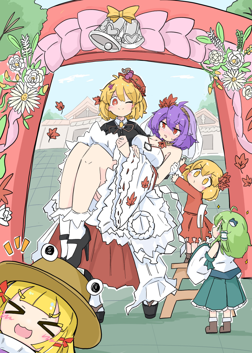 >_<, 5girls, :d, ;), absurdres, ahoge, aki_minoriko, aki_shizuha
