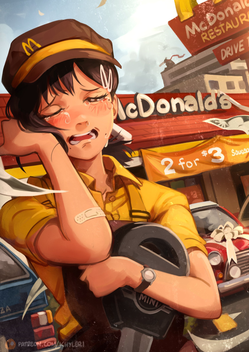 1boy, 1girl, absurdres, apron, bandaid, bangs, black_hair, blush