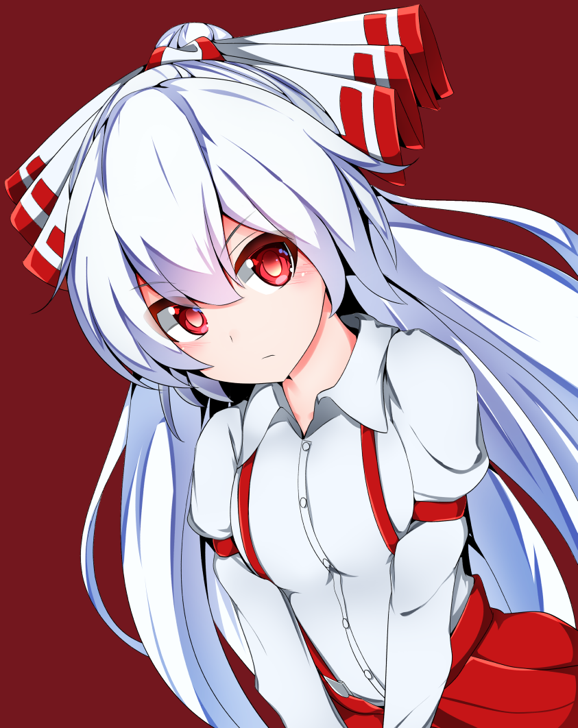1girl, bow, closed_mouth, collared_shirt, expressionless, eyebrows_visible_through_hair, fujiwara_no_mokou, hair_bow