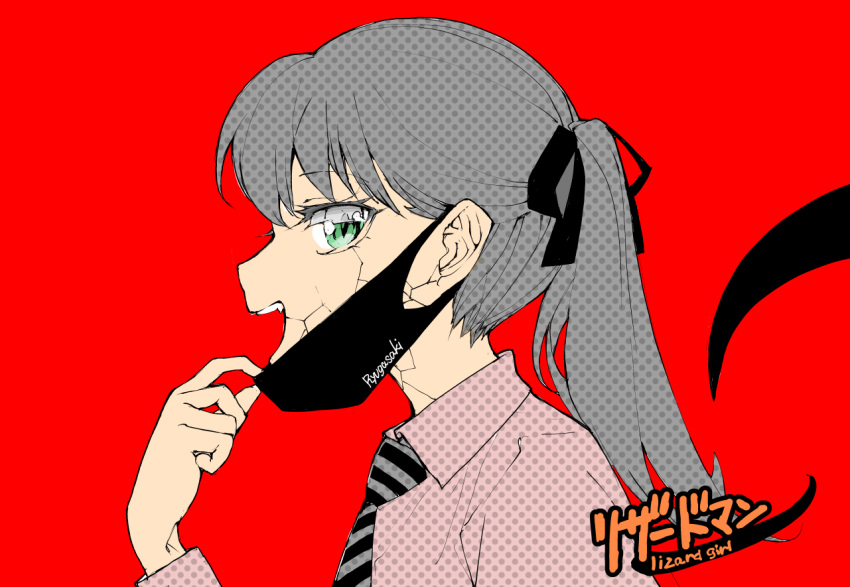 1girl, black_necktie, burningblossom, collarbone, cracked_skin, extra_eyelids, from_side, green_eyes