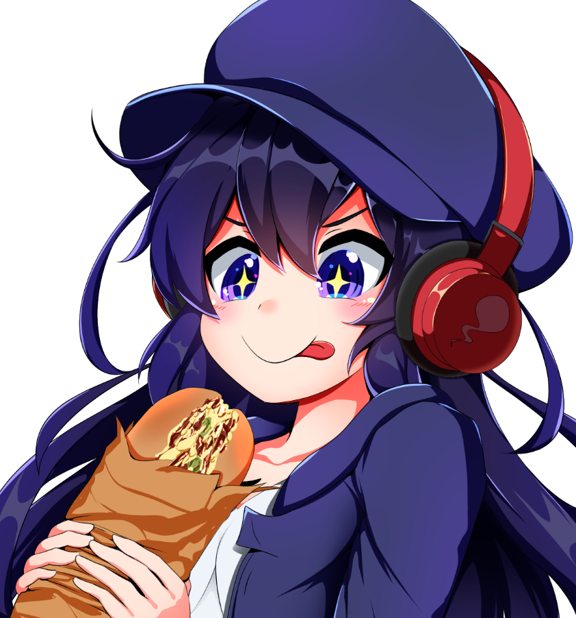+_+, 1girl, beret, blush, cheesestick, chizuru_(super_ledgehop), hat, headphones
