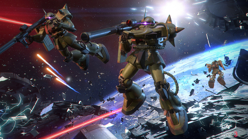 army, bazooka_(gundam), debris, earth_(planet), energy_beam, gundam, highres, lens_flare