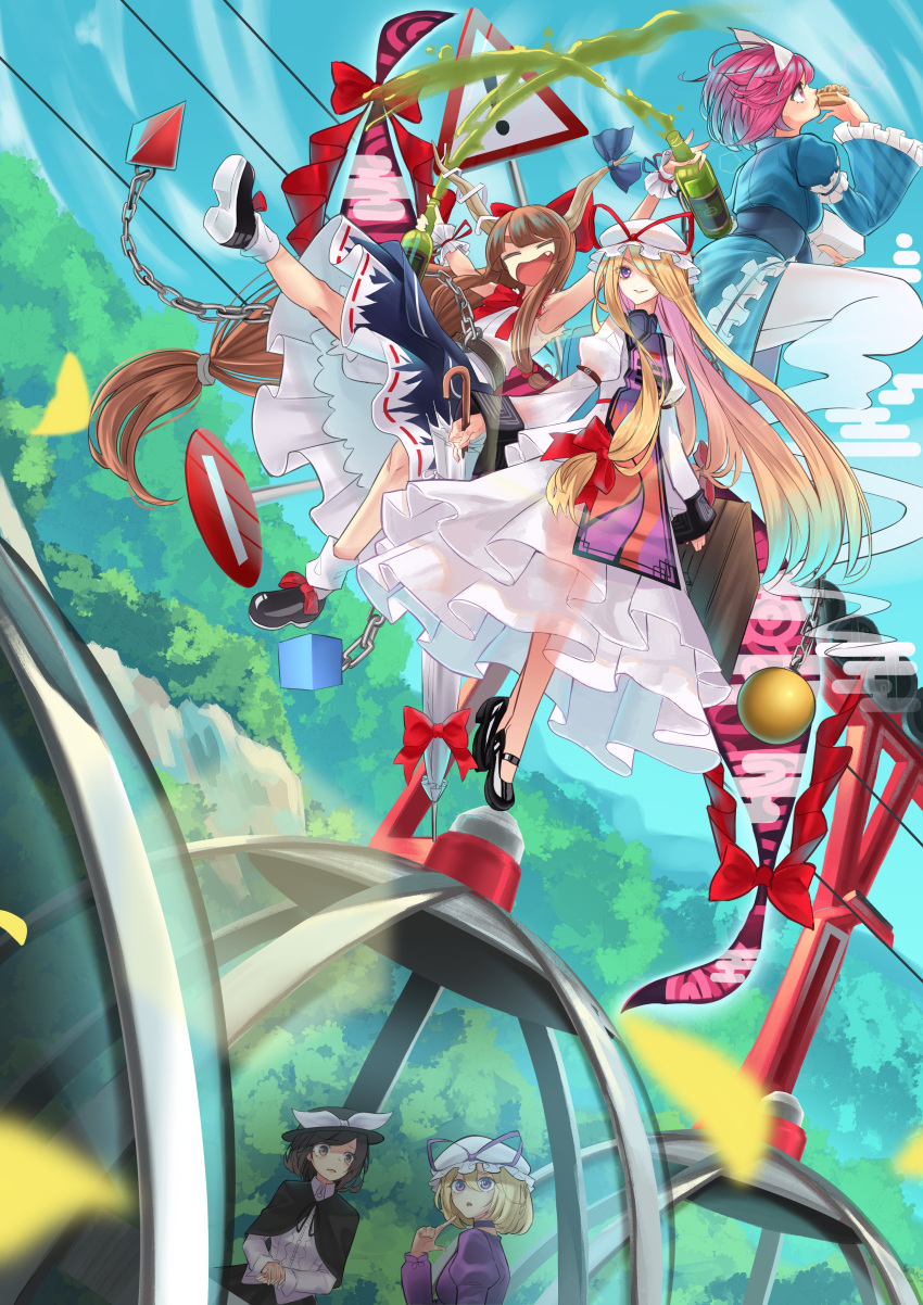 5girls, :d, =_=, absurdres, alcohol, arm_strap, bangs, black_capelet