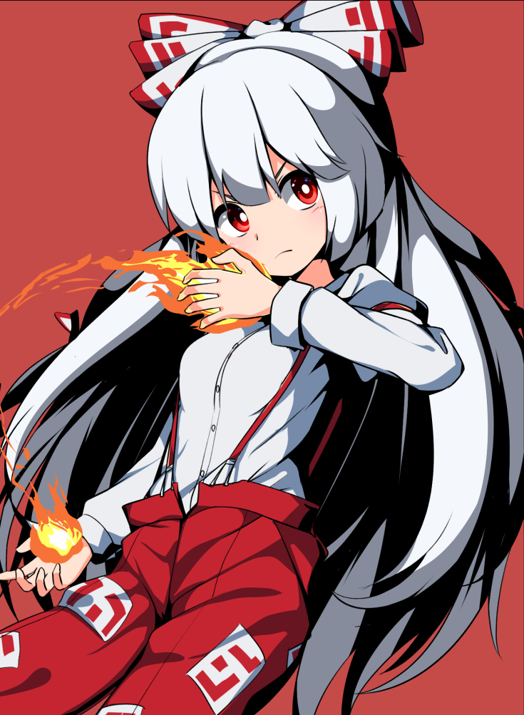 1girl, bow, buttons, fire, fujiwara_no_mokou, hair_bow, kredorf, long_hair