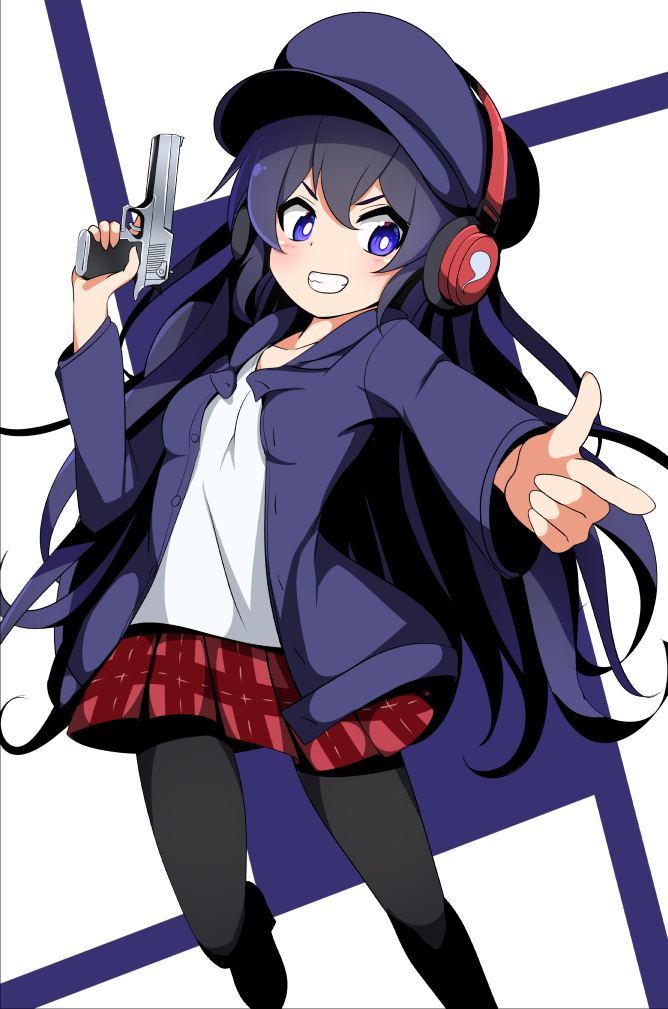 1girl, beret, black_legwear, chizuru_(super_ledgehop), finger_gun, gun, hat, headphones