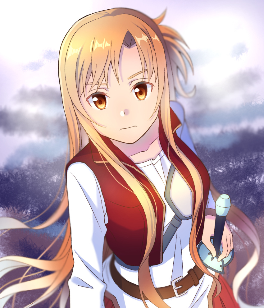 1girl, asuna_(sao), brown_eyes, brown_hair, closed_mouth, collarbone, hair_intakes, hand_on_hilt, highres, long_hair, long_sleeves, looking_at_viewer, open_clothes, open_vest, pleated_skirt, red_skirt, red_vest, sheath, sheathed, shiny, shiny_hair, shirt, skirt, solo, sword, sword_art_online, sword_art_online_progressive, tu_tora2, upper_body, very_long_hair, vest, weapon, white_shirt