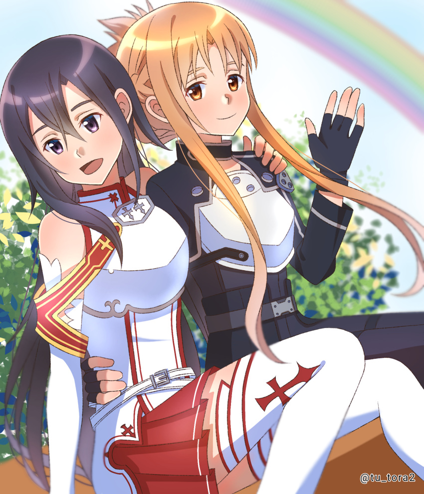 1boy, 1girl, :d, androgynous, armor, asuna_(sao), asuna_(sao)_(cosplay), belt