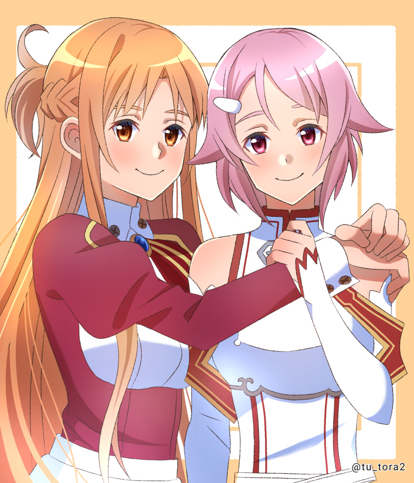 2girls, armor, arms_around_neck, asuna_(sao), asuna_(sao)_(cosplay), bangs, border, braid