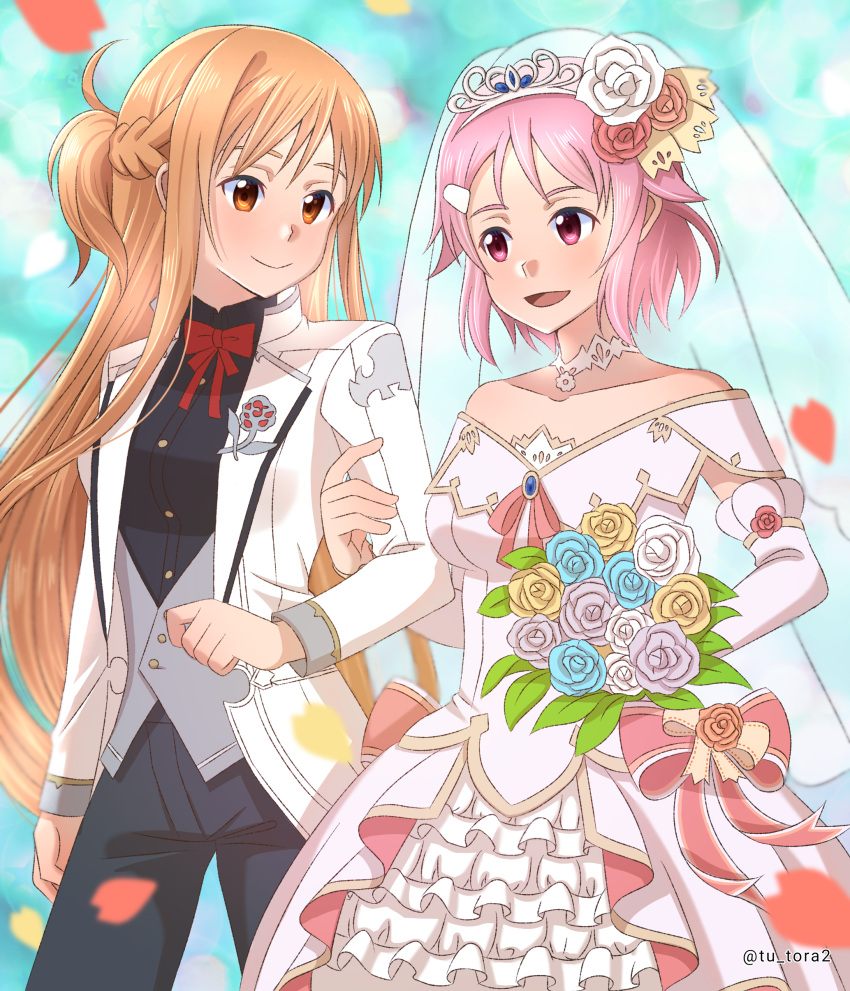 2girls, :d, absurdres, asuna_(sao), black_pants, black_shirt, blue_flower, blurry