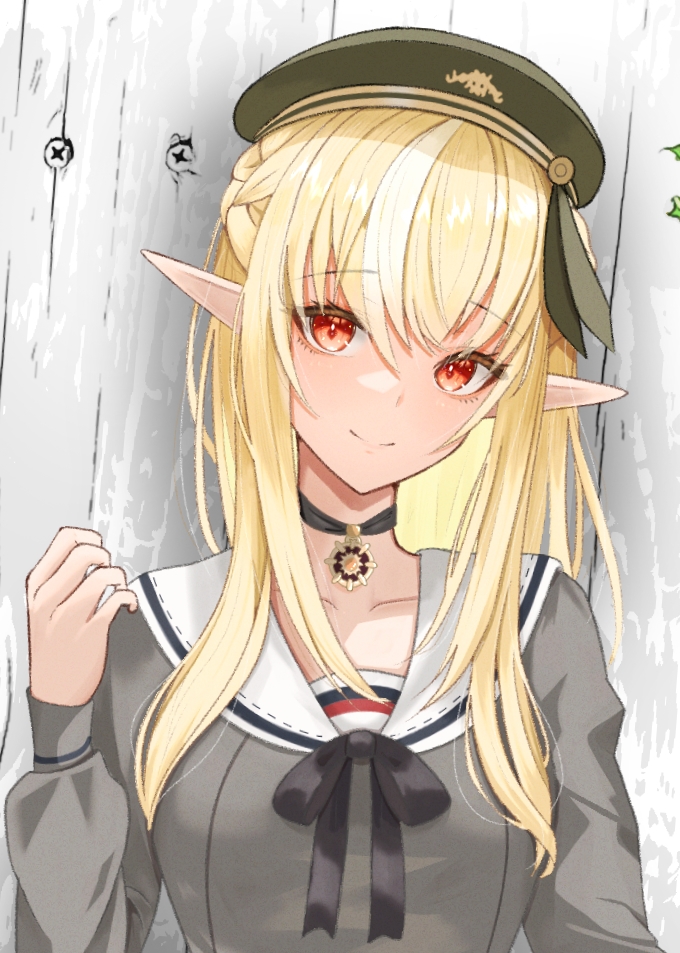 1girl, bangs, black_ribbon, blonde_hair, closed_mouth, collarbone, collared_shirt, elf