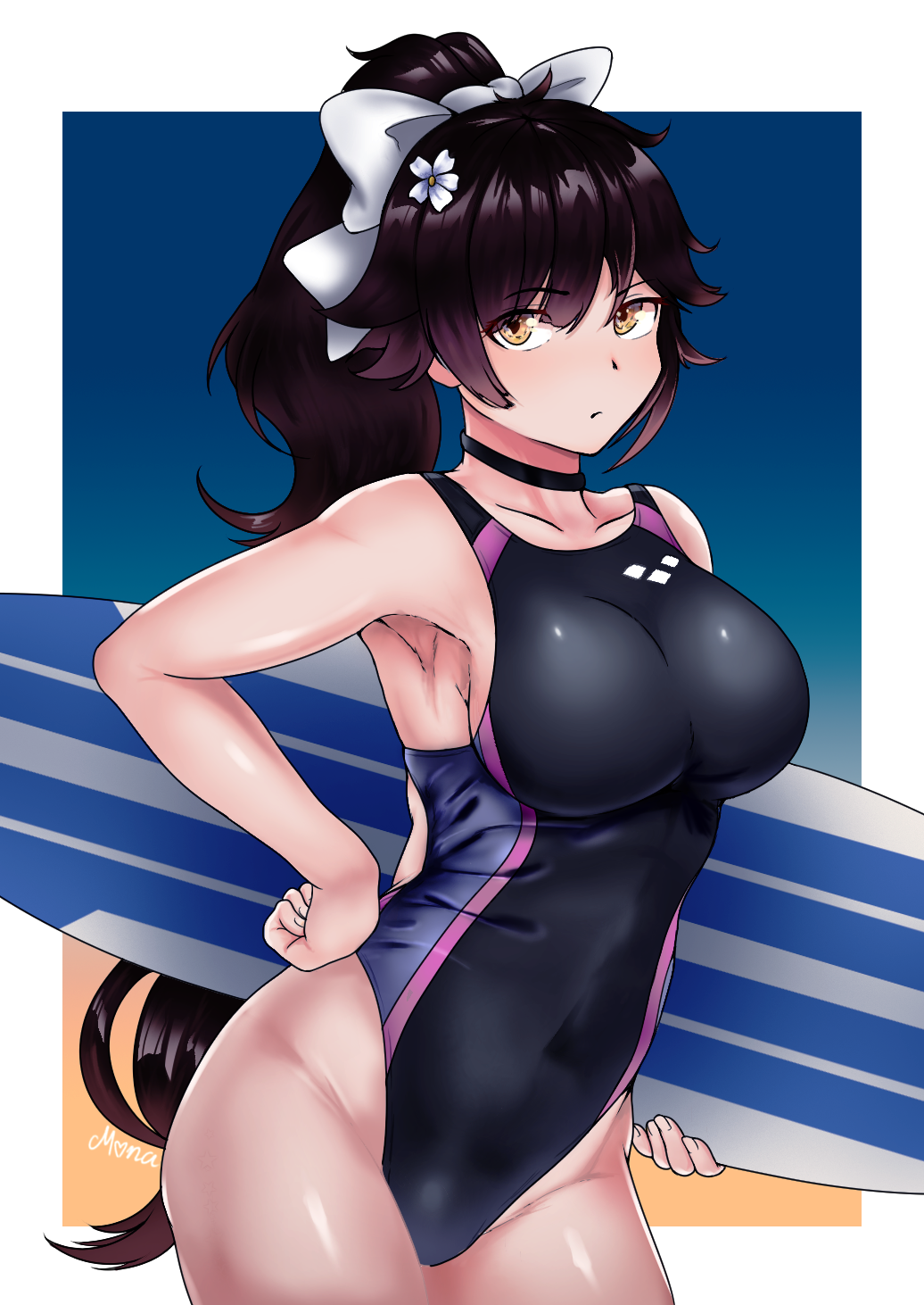 1girl, artist_name, azur_lane, black_hair, bow, breasts, competition_swimsuit, covered_navel