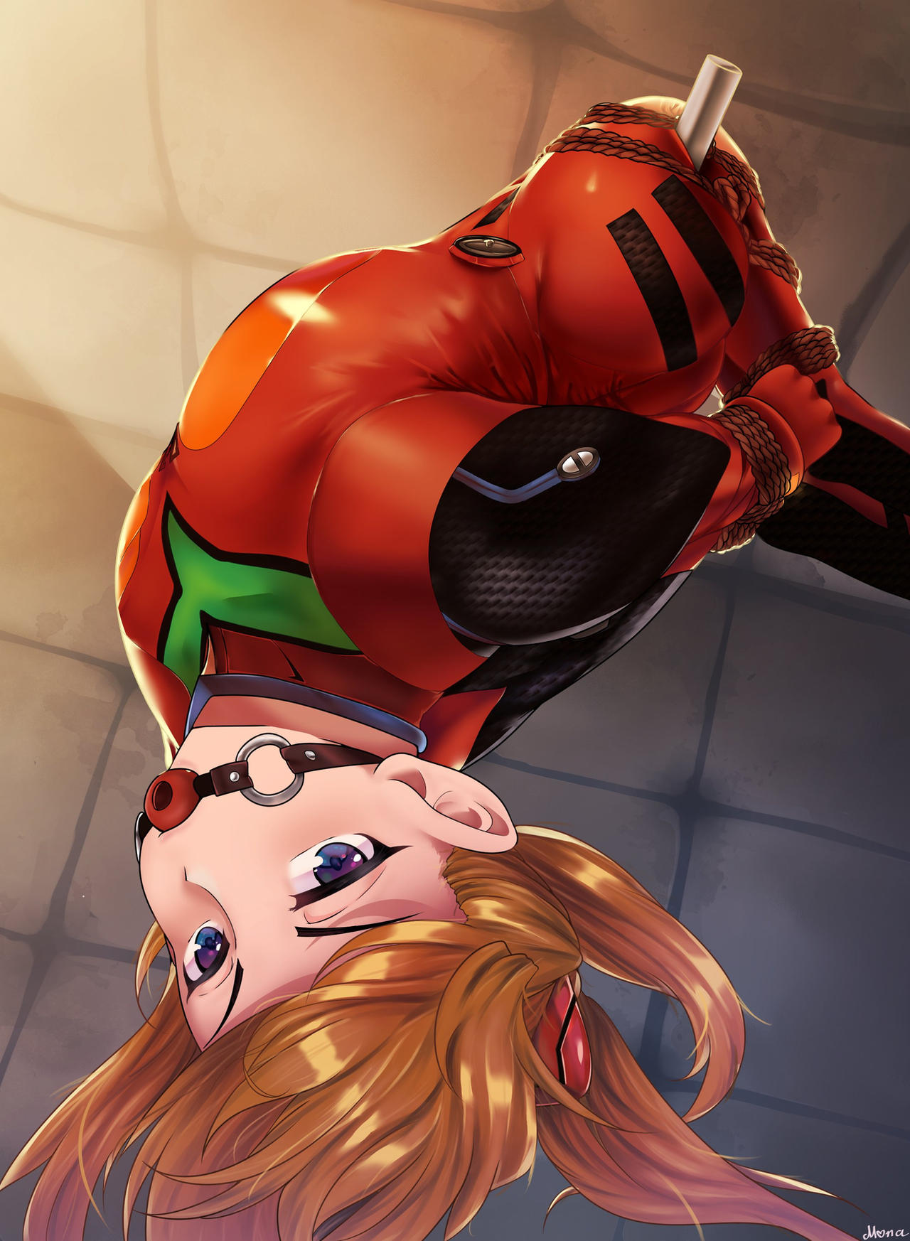 1girl, arms_behind_back, artist_name, ball_gag, bangs, bdsm, blue_eyes, bodysuit