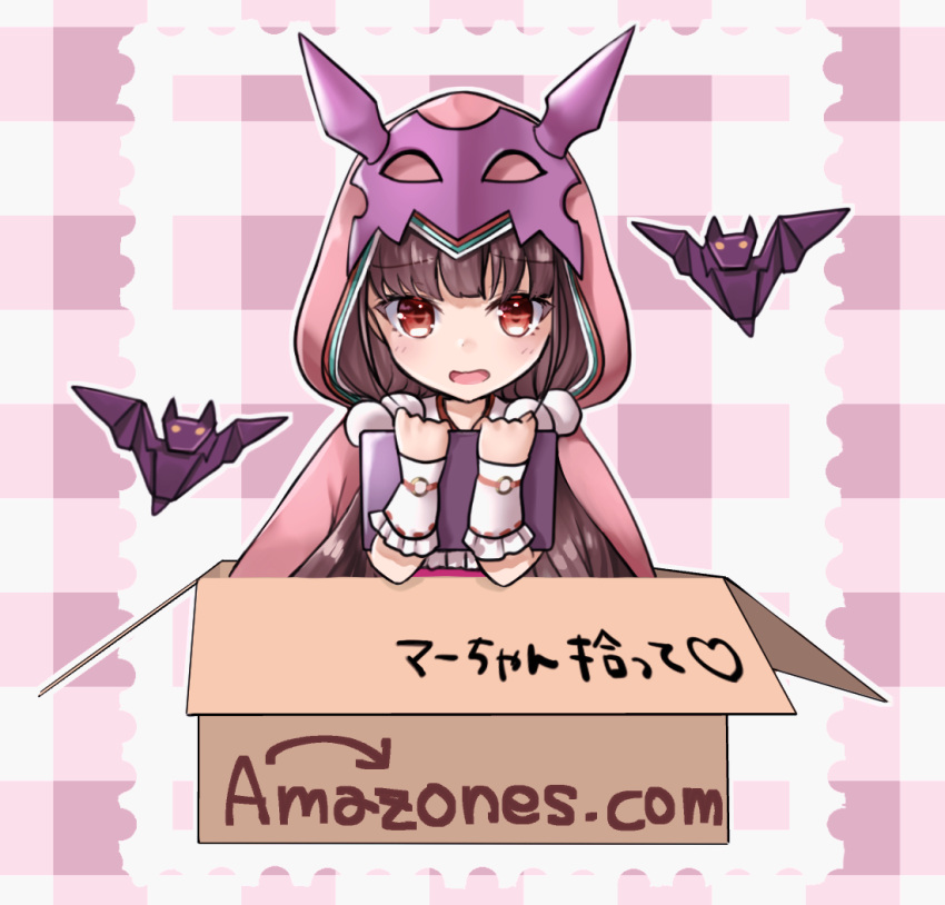 1girl, bat, box, brown_hair, cardboard_box, chibi, cloak, fate/grand_order