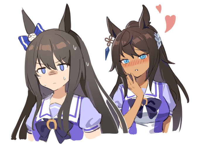 2girls, animal_ears, bangs, blue_eyes, blush, breasts, brown_hair, closed_mouth