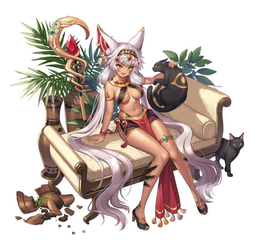 1girl, absurdres, animal, animal_ear_fluff, animal_ears, armlet, artist_request, bangs, black_cat, black_footwear, breasts, broken_vase, cat, cat_ears, couch, facial_mark, fang, guardian_tales, hairband, high_heels, highleg, highleg_panties, highres, holding, holding_animal, holding_cat, ice_witch_lupina, long_hair, low_twintails, medium_breasts, navel, official_art, on_couch, open_mouth, panties, panty_straps, pelvic_curtain, revealing_clothes, sitting, skin_fang, solo, staff, tassel, thighlet, twintails, underwear, vase, very_long_hair, white_background, white_hair, yellow_eyes