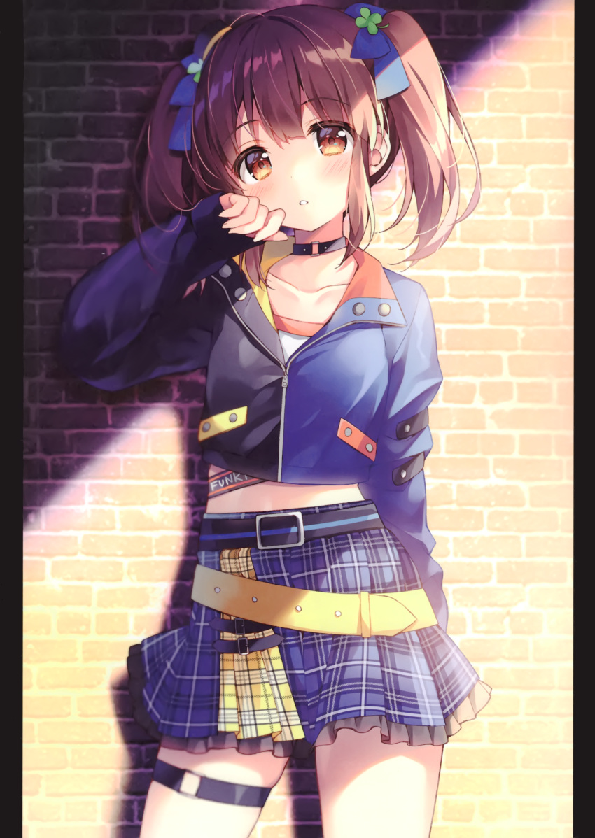 1girl, absurdres, belt, blue_skirt, blurry, bow, brick_wall, brown_hair