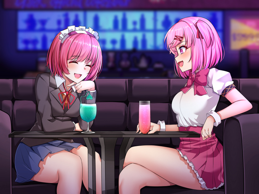 2girls, absurdres, bar, blue_skirt, blush, bow, bowtie, closed_eyes