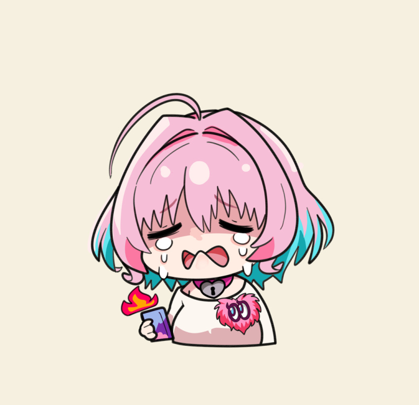 1girl, ahoge, bangs, blue_hair, chibi, closed_eyes, commentary, cropped_torso