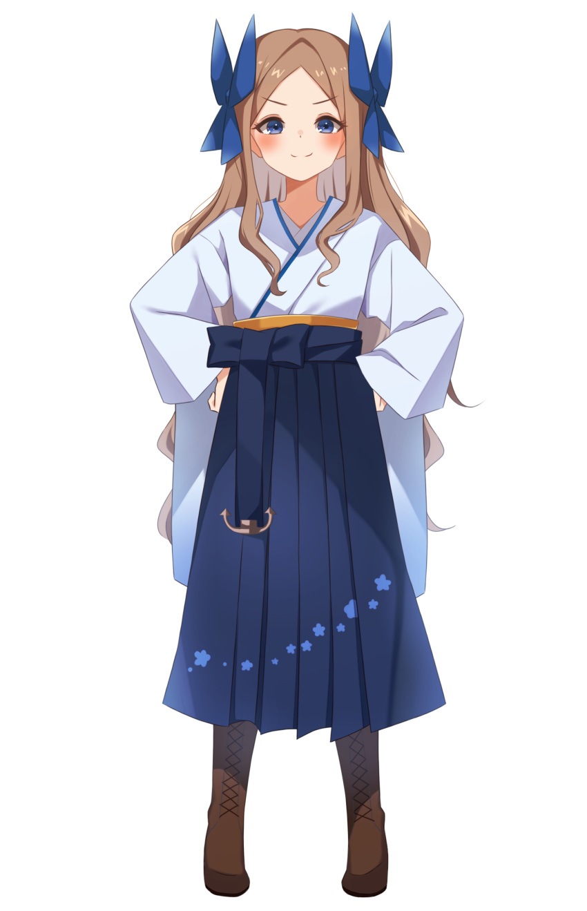 1girl, absurdres, asakaze_(kancolle), bangs, blue_bow, blue_eyes, blue_hakama, boots