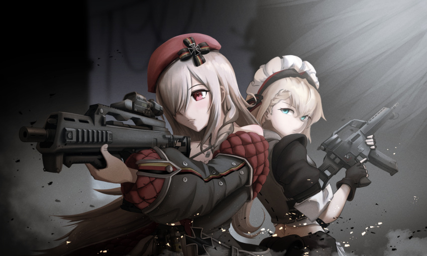 2girls, assault_rifle, beret, blonde_hair, braid, braided_bangs, fingerless_gloves, g36_(girls'_frontline)