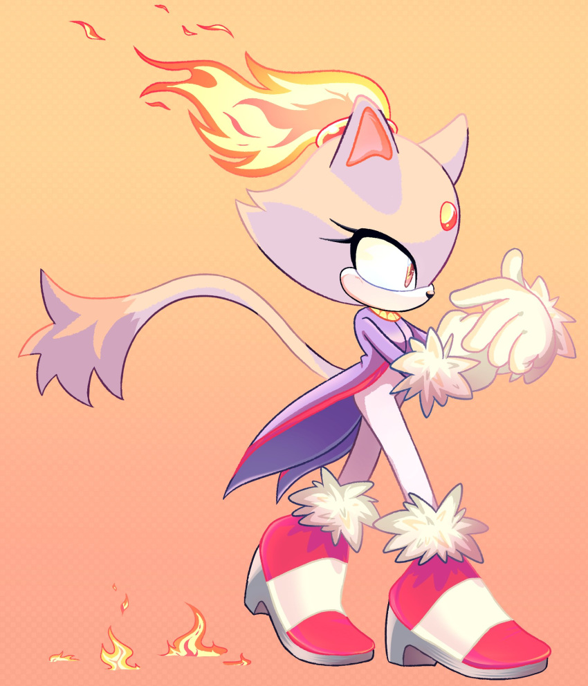 1girl, alternate_hair_color, animal_ears, animal_nose, blaze_the_cat, blush, body_fur, cat_ears, cat_girl, cat_tail, coat, commentary, english_commentary, fiery_footsteps, fiery_hair, flat_chest, forehead_jewel, from_side, full_body, fur-trimmed_gloves, fur_trim, furry, furry_female, gem, gloves, gradient, gradient_background, hair_tie, hands_up, heel_up, high_heels, highres, holding_own_arm, light_blush, long_sleeves, orange_background, pants, pink_footwear, purple_coat, purple_fur, red_gemstone, redhead, shoes, short_hair, simple_background, solo, sonic_(series), standing, stellarspin, tail, tailcoat, topknot, two-tone_fur, white_fur, white_gloves, white_pants, yellow_eyes