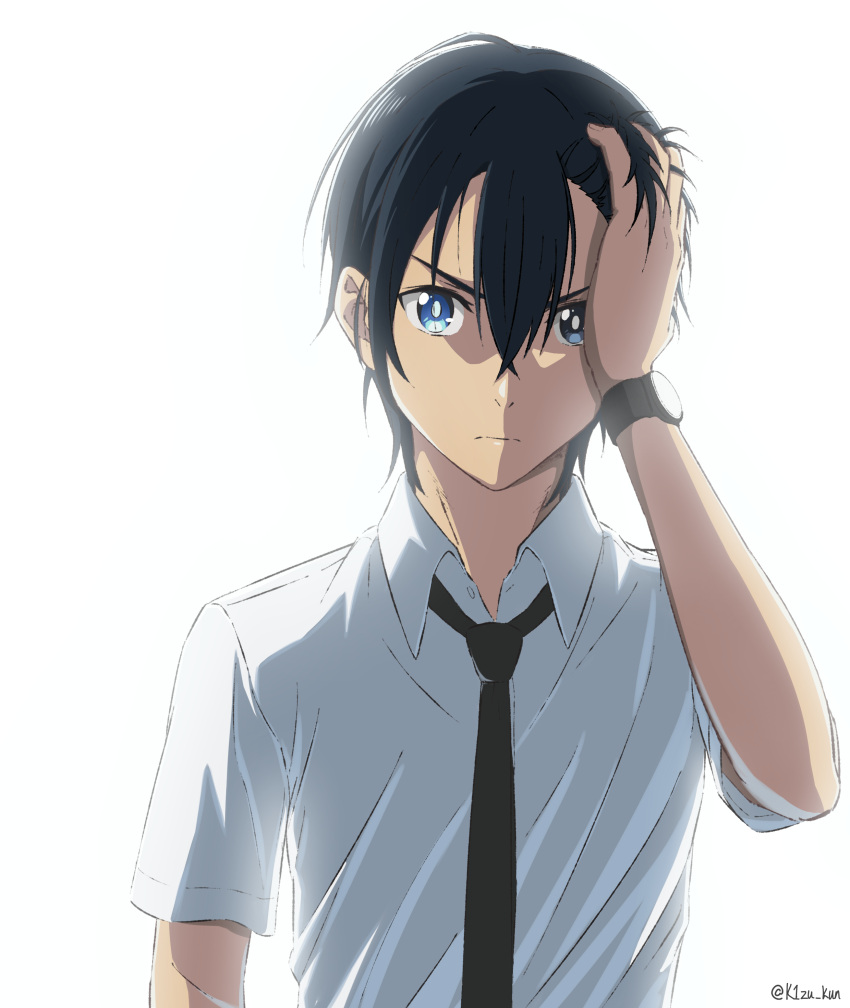 1boy, absurdres, ajiro_shinpei, black_hair, black_necktie, blue_eyes, hair_between_eyes, hand_in_own_hair, hand_up, heterochromia, highres, kizu-kun, male_focus, necktie, shirt, short_sleeves, solo, summertime_render, twitter_username, upper_body, watch, watch, white_background, white_shirt