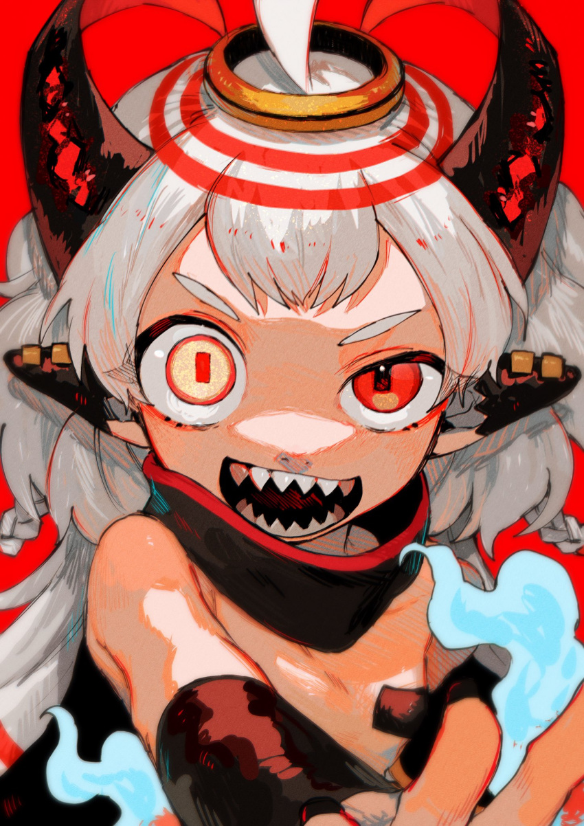 1girl, blue_fire, braid, detached_collar, ear_ornament, ear_piercing, fire, heterochromia