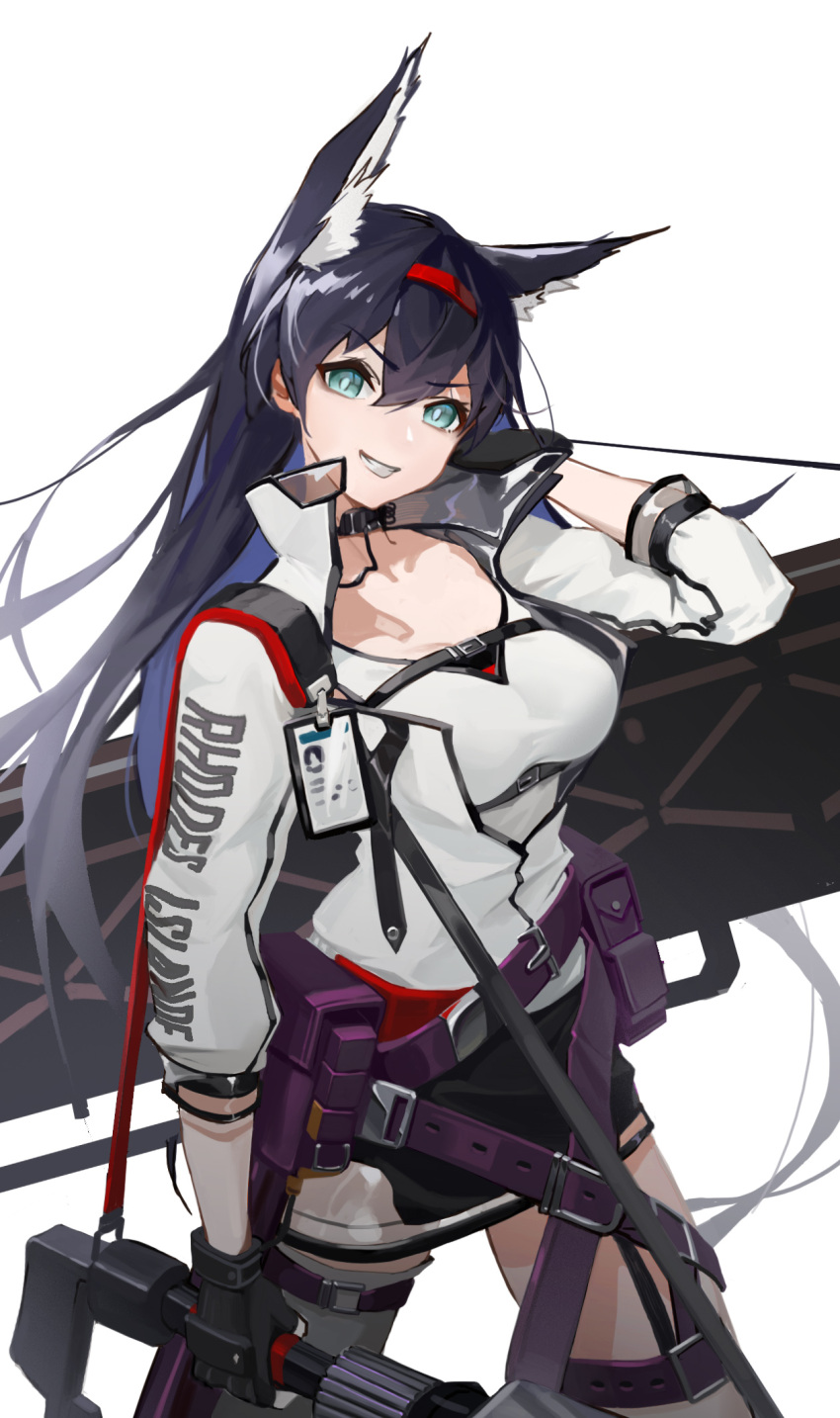 1girl, animal_ears, arknights, arm_up, black_collar, black_gloves, black_hair, black_skirt, blaze_(arknights), blue_eyes, breasts, carrying, cat_ears, clothes_writing, collar, commentary_request, cowboy_shot, extra_ears, gloves, grey_legwear, hair_between_eyes, hairband, highres, holding, hz_(megumi_akira), id_card, jacket, medium_breasts, open_clothes, open_jacket, red_hairband, shirt, simple_background, single_thighhigh, skirt, solo, thigh-highs, thigh_strap, v-shaped_eyebrows, weapon_case, white_background, white_jacket, white_shirt