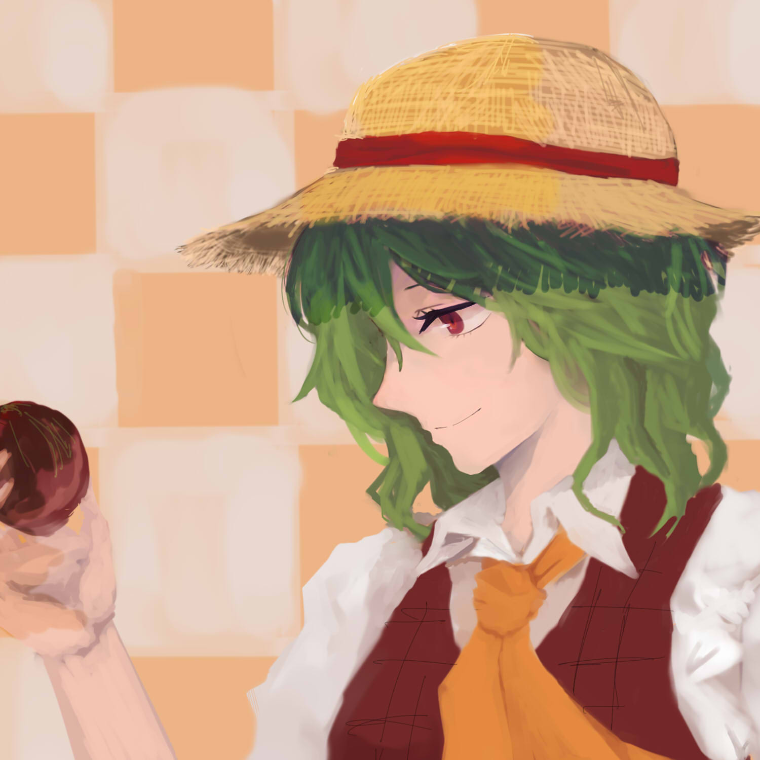 1girl, ascot, checkered_background, collared_shirt, green_hair, hat, highres, holding