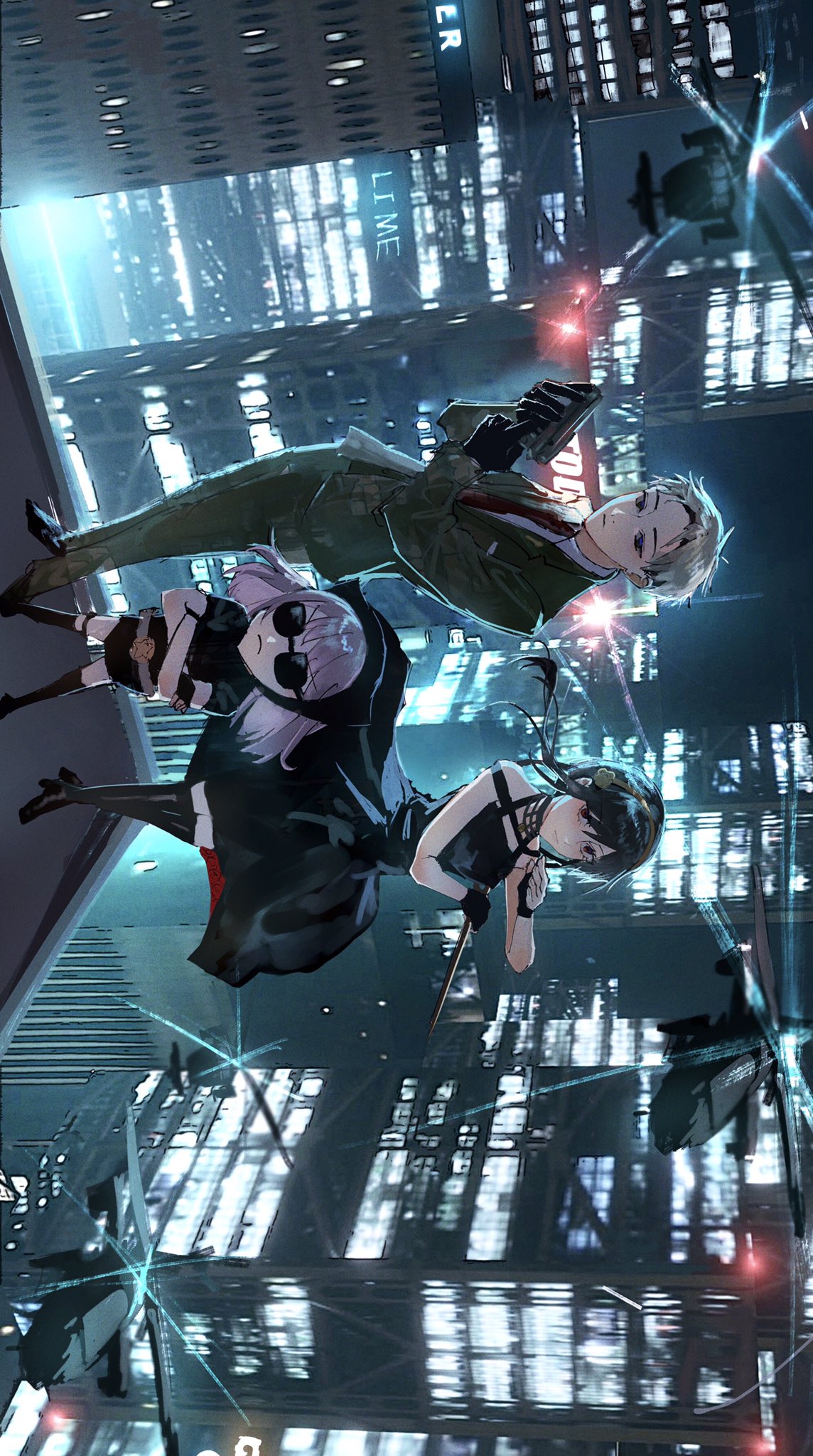 1boy, 2girls, air_(airzzz_), aircraft, anachronism, anya_(spy_x_family), cityscape, dagger