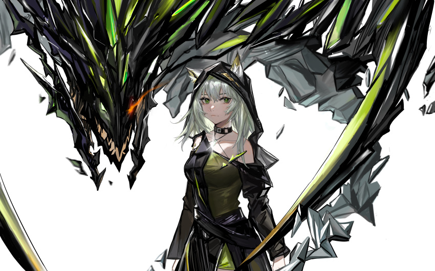 1girl, absurdres, arknights, bare_shoulders, black_collar, black_sleeves, breasts, collar