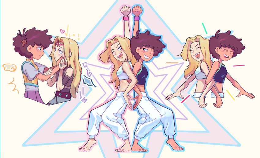 2girls, abs, absurdres, amphibia, anne_boonchuy, armor, barefoot, blonde_hair